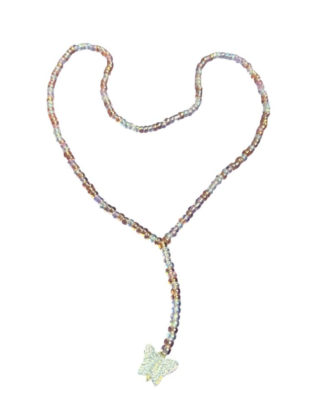 Vintage Y2K Artisan Seed Beaded Y Necklace Butterfly Charm 21 inches Long